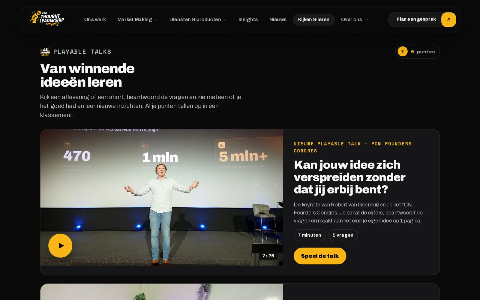 De pagina Kijken en leren met de nieuwe talk bovenaan