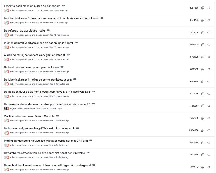 De commitlijst van onze eigen repo, met per wijziging een Nederlandse omschrijving van wat er is veranderd