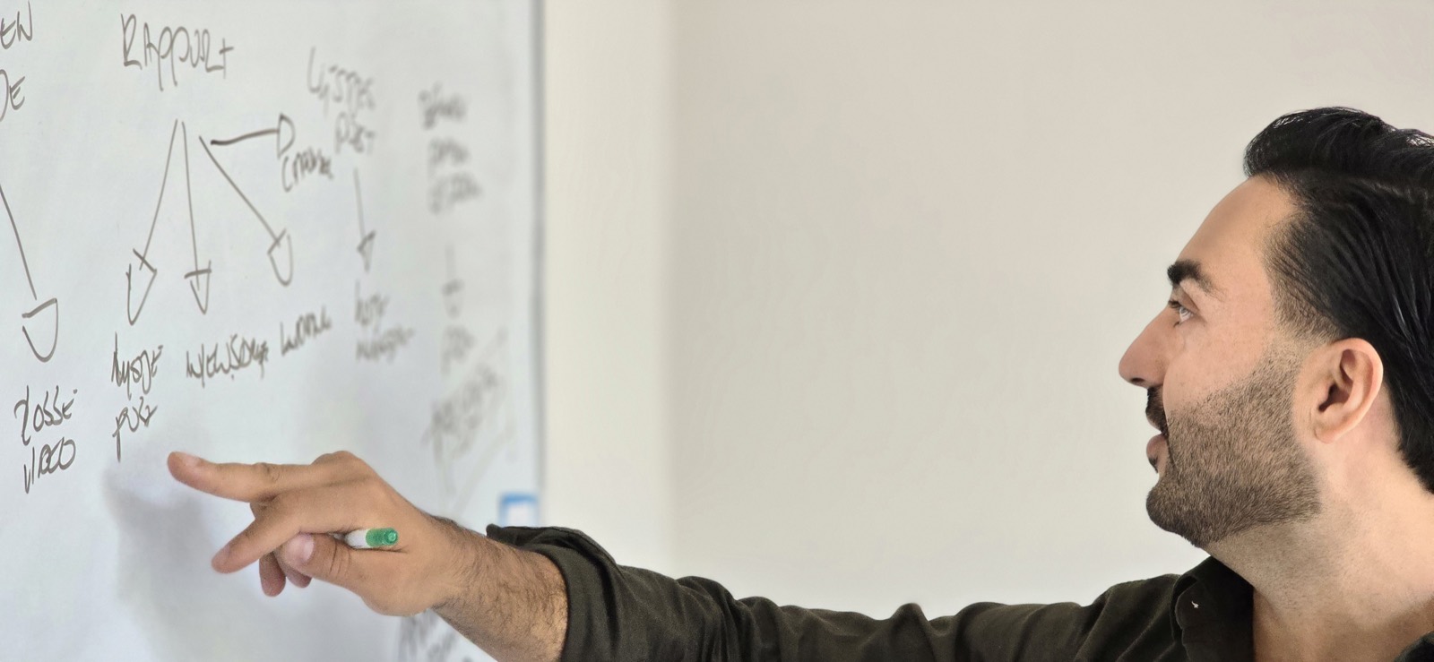 Djahed Atayi wijst met een stift naar een whiteboard vol handgeschreven aantekeningen en pijlen