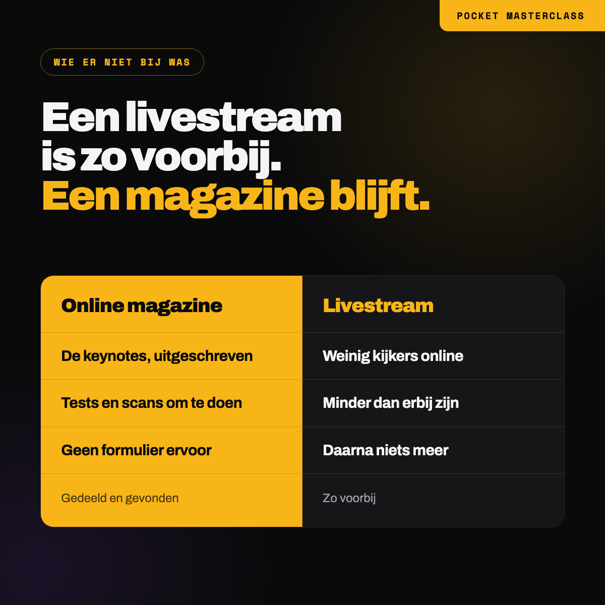 Een online magazine tegenover een livestream: een magazine met keynotes, tests en scans wordt gedeeld en gevonden, een livestream trekt weinig kijkers en is daarna weg