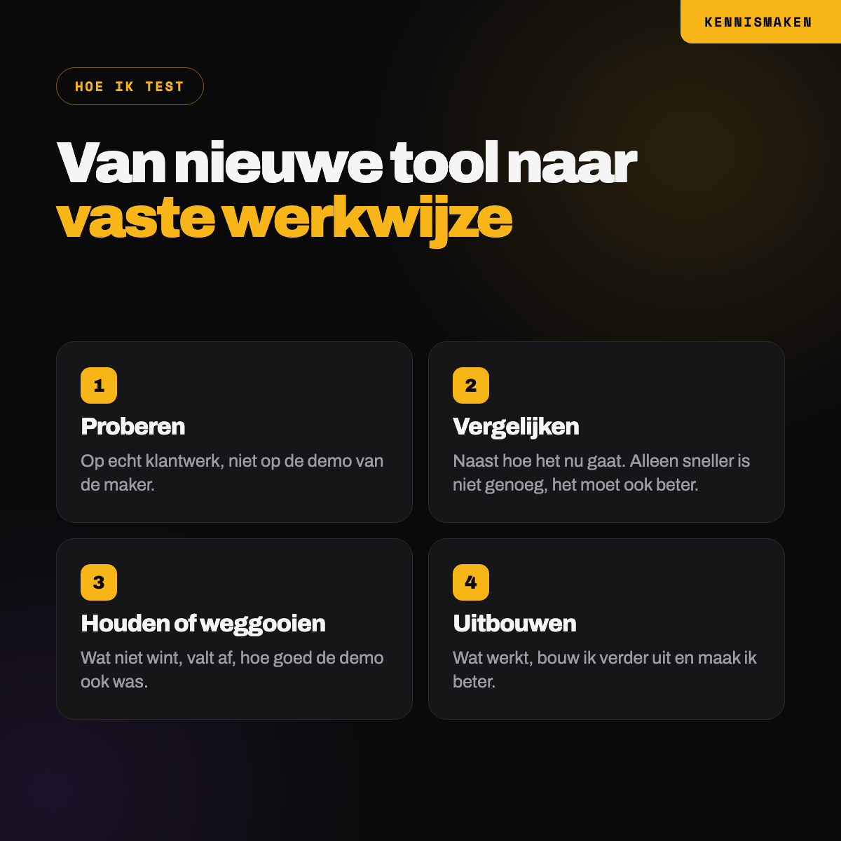 Vier stappen van nieuwe tool naar vaste werkwijze: proberen, vergelijken, houden of weggooien, uitbouwen