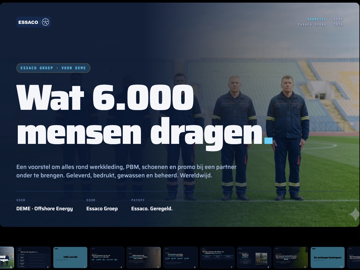 De eerste pagina van een voorstel dat uit de presentatie-engine rolde, met de andere pagina's eronder