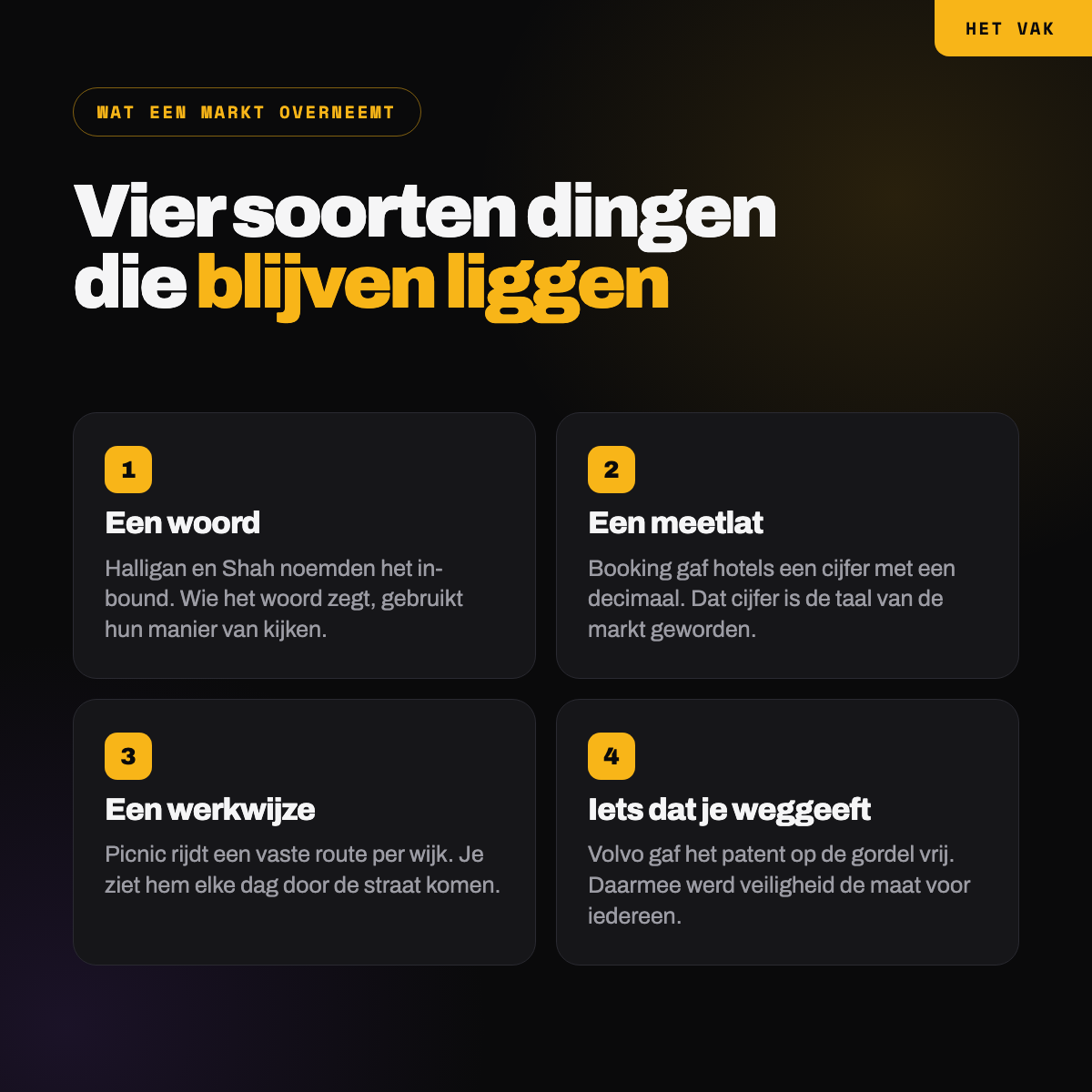 Vier soorten voorwerpen die een markt overneemt, met een voorbeeld per soort