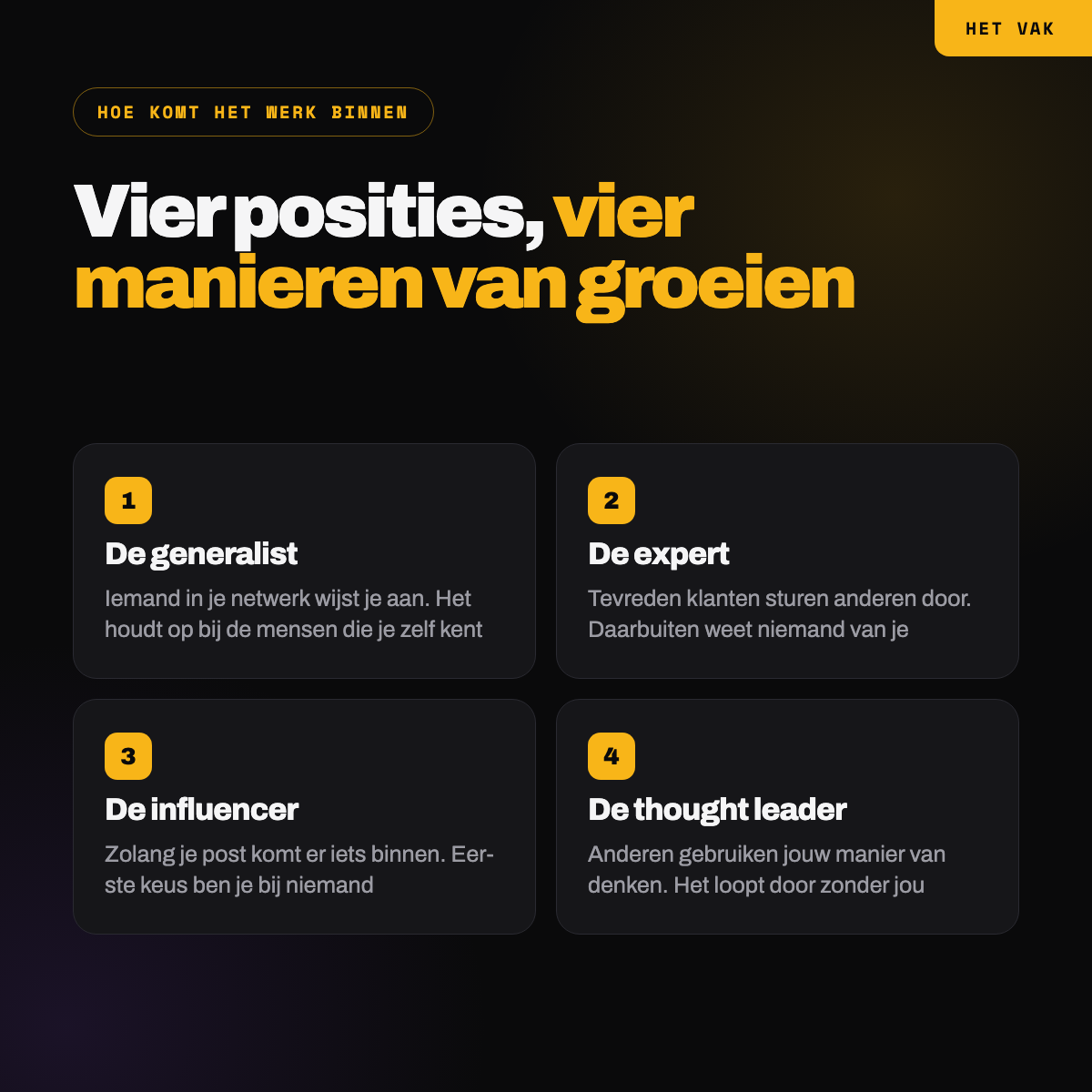 Vier posities: de generalist groeit op gunning, de expert op doorverwijzing, de influencer op content, de thought leader op anderen