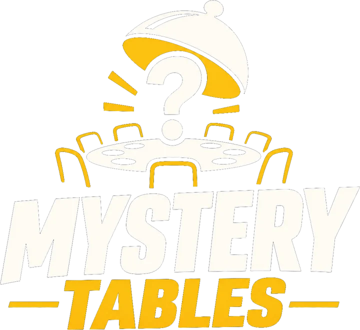 Logo van Mystery Tables: een cloche die opengaat boven een ronde tafel met acht stoelen, met een vraagteken