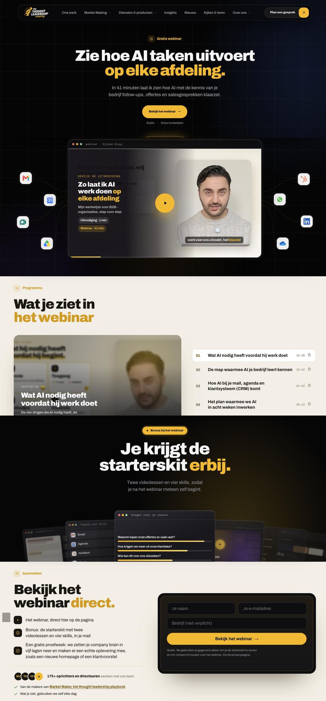 De landingspagina van ons eigen webinar, van boven naar beneden
