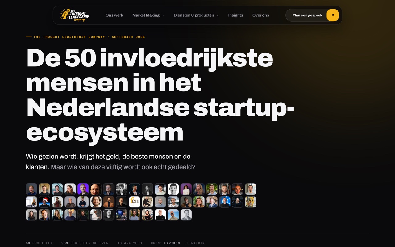 De voorpagina van ons rapport De 50 invloedrijkste mensen in het Nederlandse startup-ecosysteem, met de vraag wie van deze vijftig ook echt gedeeld wordt.