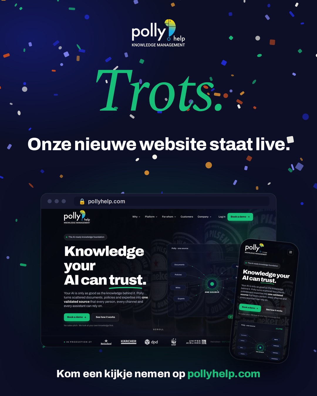 Een launchbeeld voor LinkedIn met de nieuwe site van Polly.help