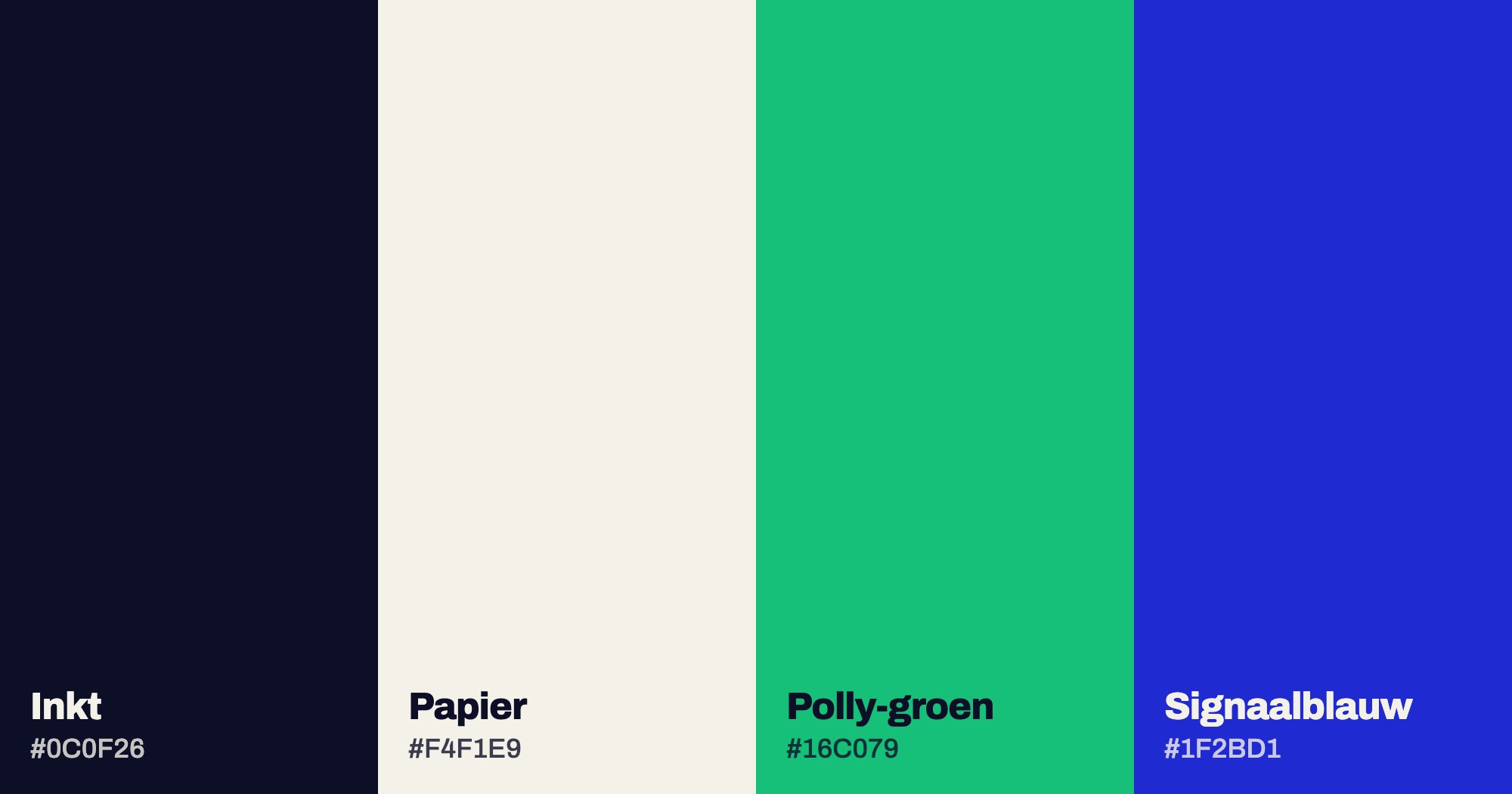 De vier kleuren van het nieuwe merk: inkt, papier, Polly-groen en signaalblauw