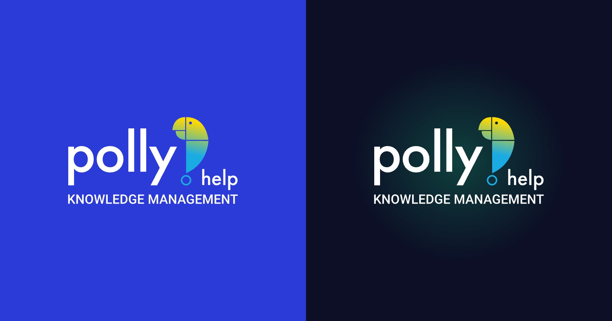Het logo van Polly met de papegaai, links op het oude blauw met geel, rechts op de nieuwe inkt met een groene gloed