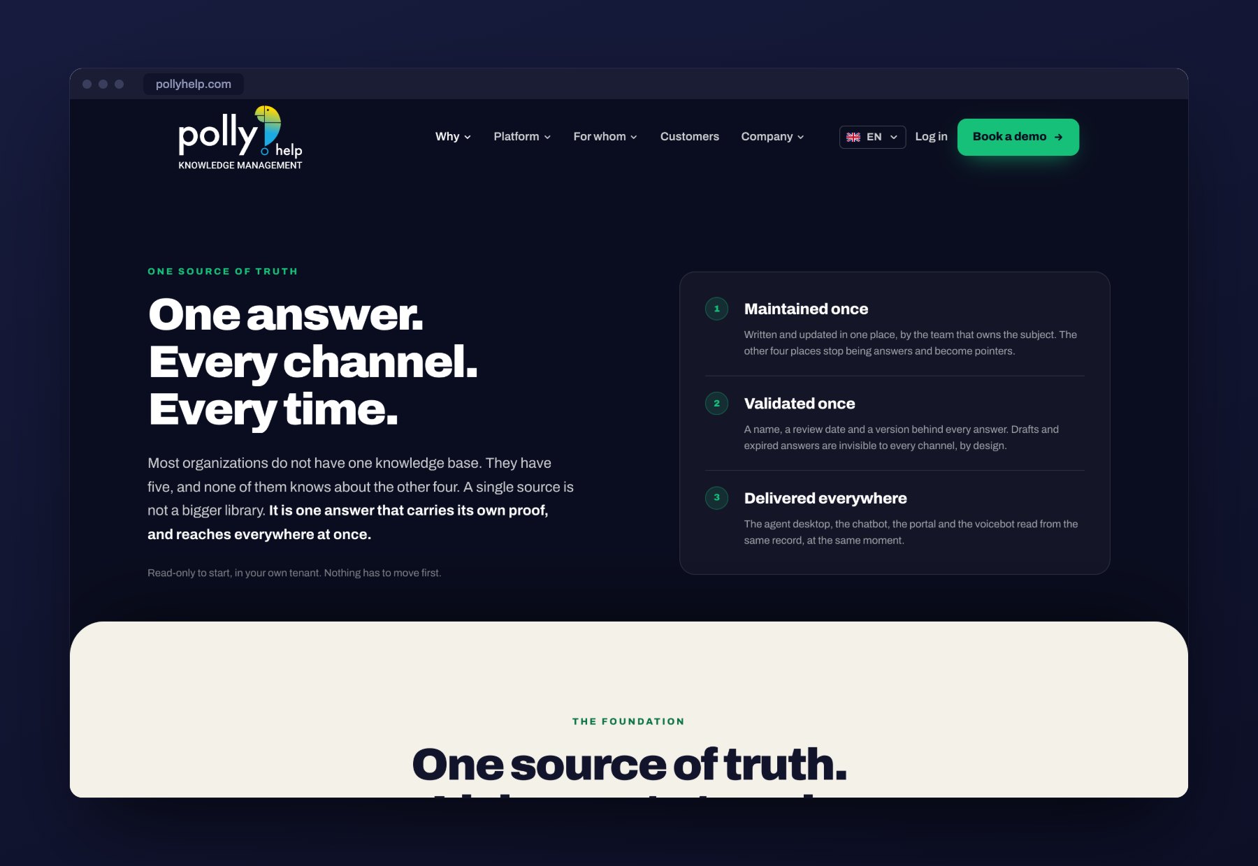 De pagina One source of truth op de nieuwe site van Polly.help