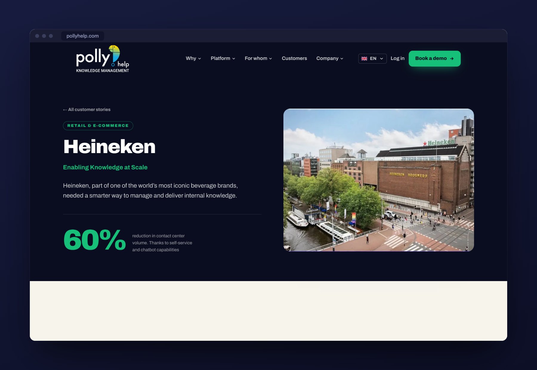 Het klantverhaal van Heineken op de nieuwe site van Polly.help, met 60 procent bovenaan