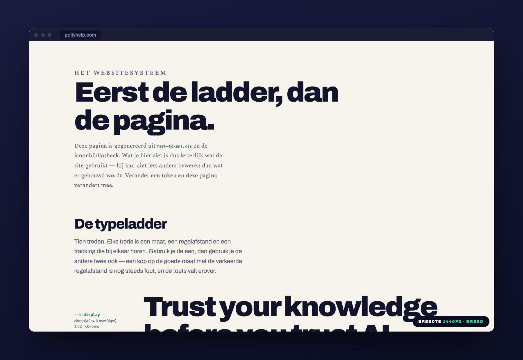 De systeempagina van de site van Polly.help: alle merkwaarden, gemaakt uit hetzelfde bestand waar de site uit wordt gebouwd