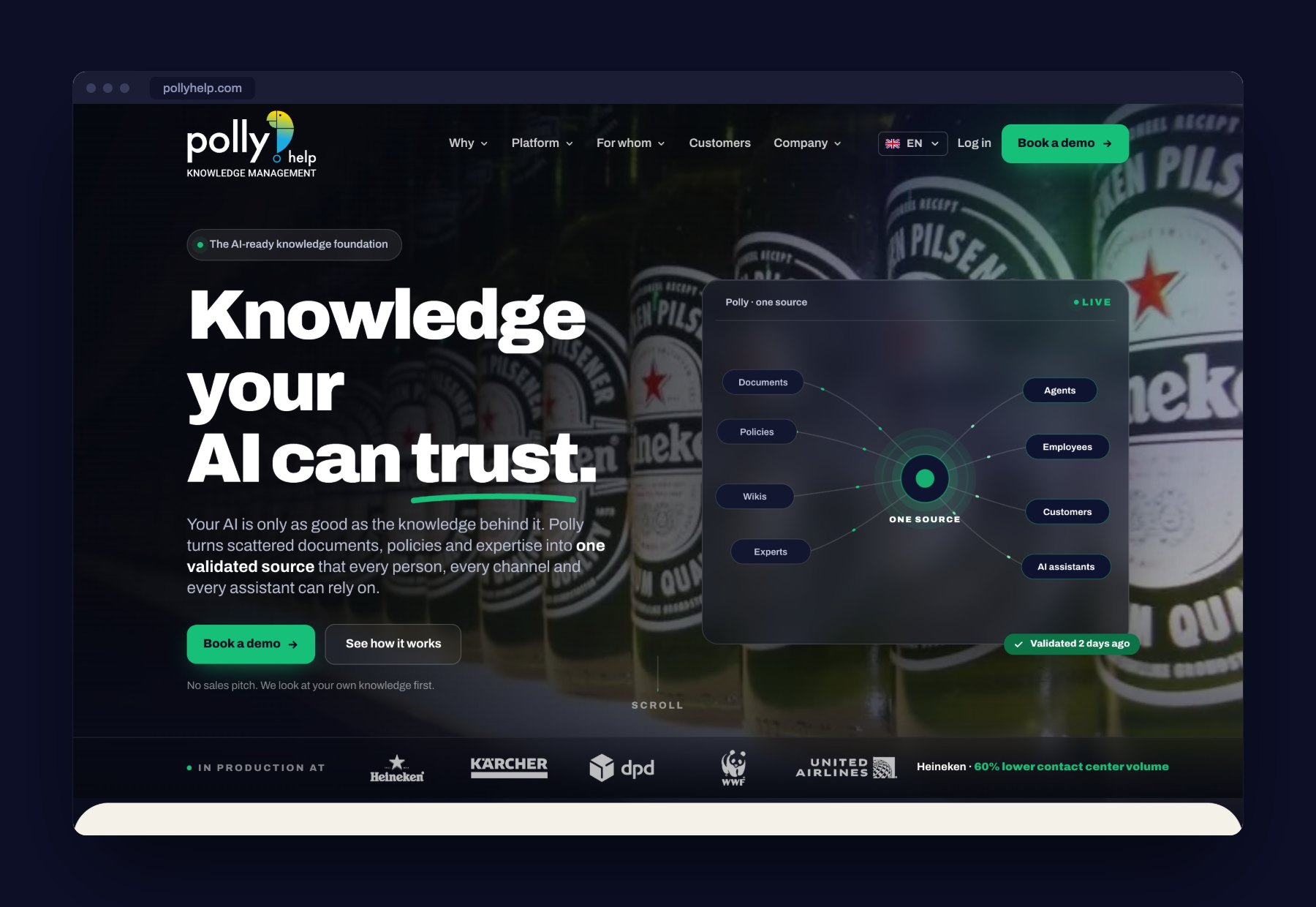 De homepage van Polly.help in het Engels