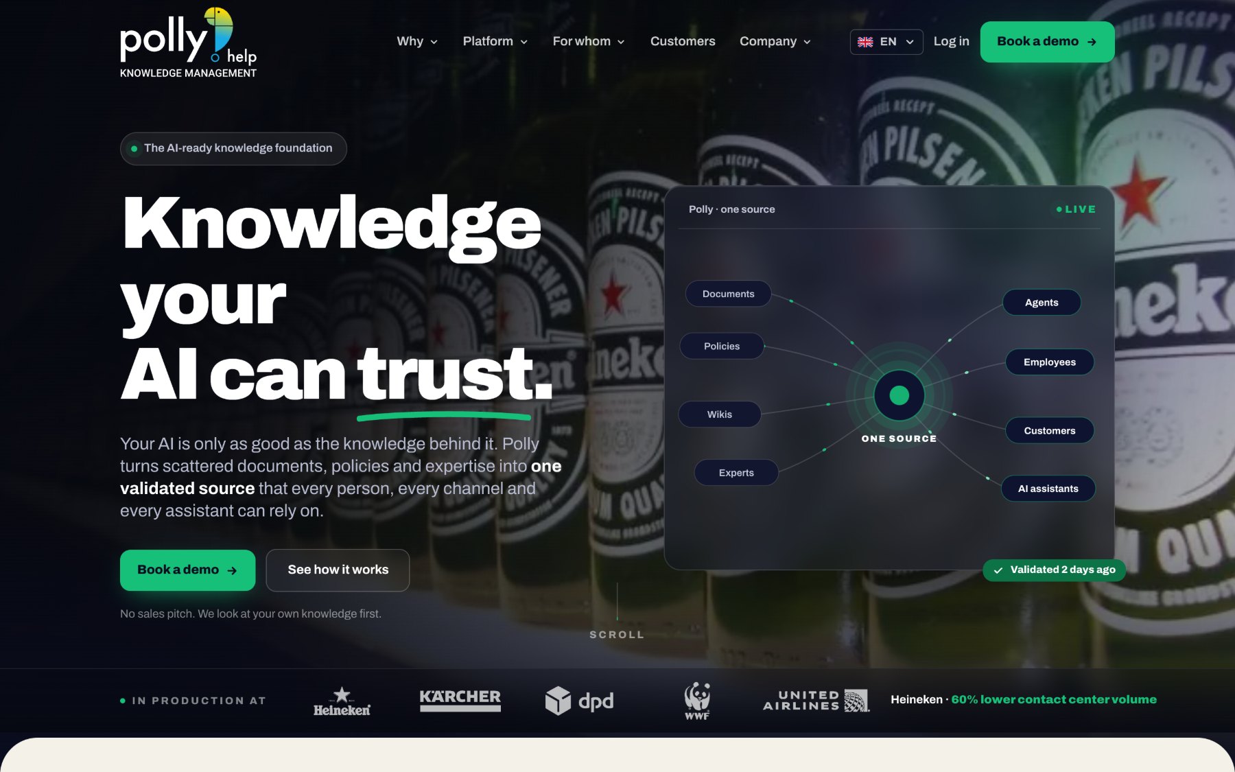 De nieuwe homepage van Polly.help, donker met één groene bron in het midden en de kop Knowledge your AI can trust