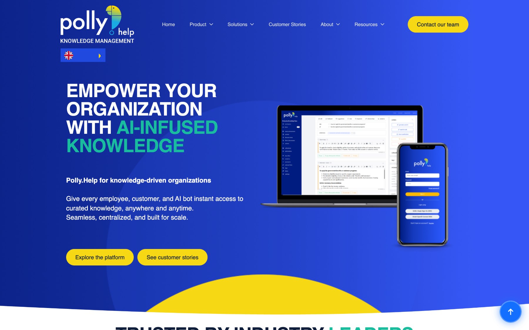 De oude homepage van Polly.help, blauw met gele knoppen en de kop Empower your organization with AI-infused knowledge