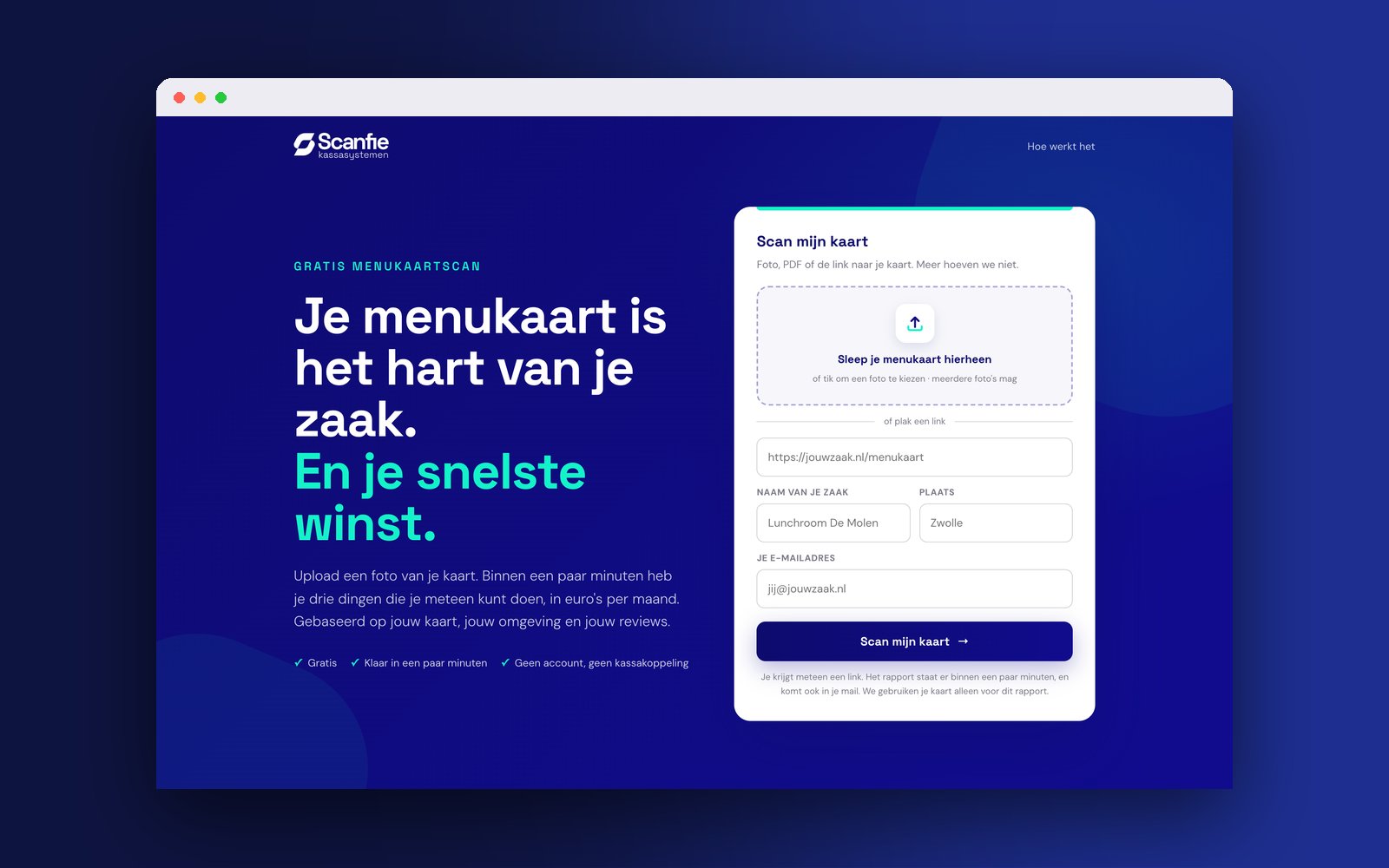De startpagina van de Menukaartscan op een computer, met het vak om je kaart te uploaden