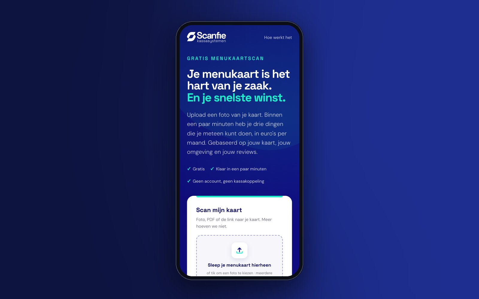 De startpagina van de Menukaartscan op een telefoon, met de knop Scan mijn kaart