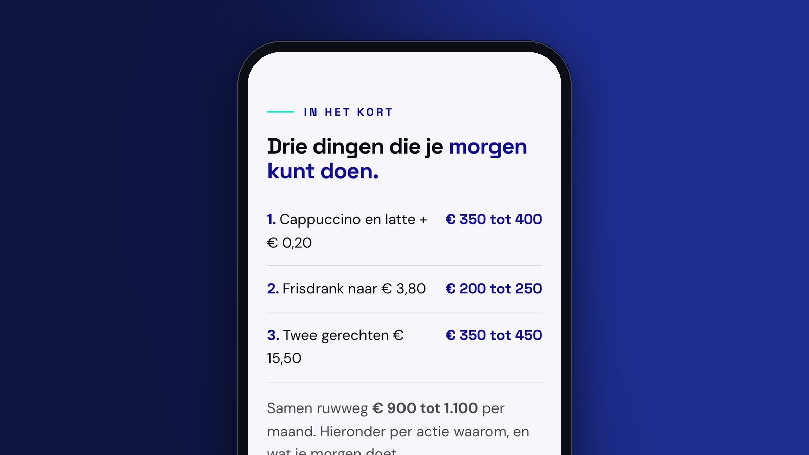 Het rapport op een telefoon: drie dingen die je morgen kunt doen, met bedragen