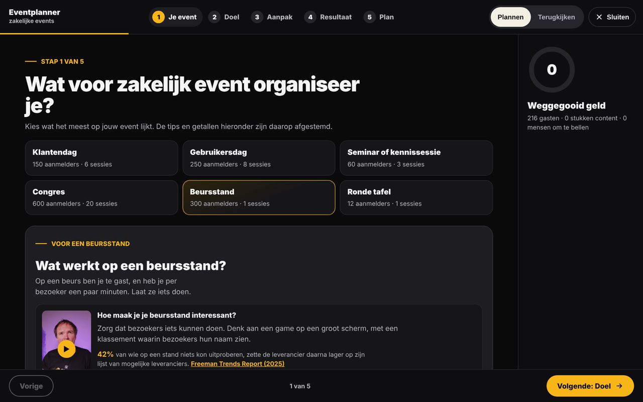 Stap 1 van de eventplanner: je kiest je soort event, hier een beursstand, met tips en een short