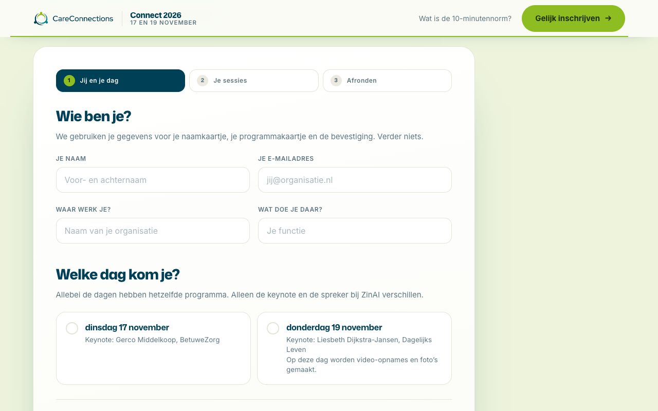 Het aanmeldformulier van CareConnections Connect: je kiest je dag en je sessies