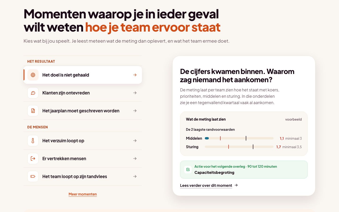 Het blok Momenten waarop je in ieder geval wilt weten hoe je team ervoor staat, op de nieuwe home