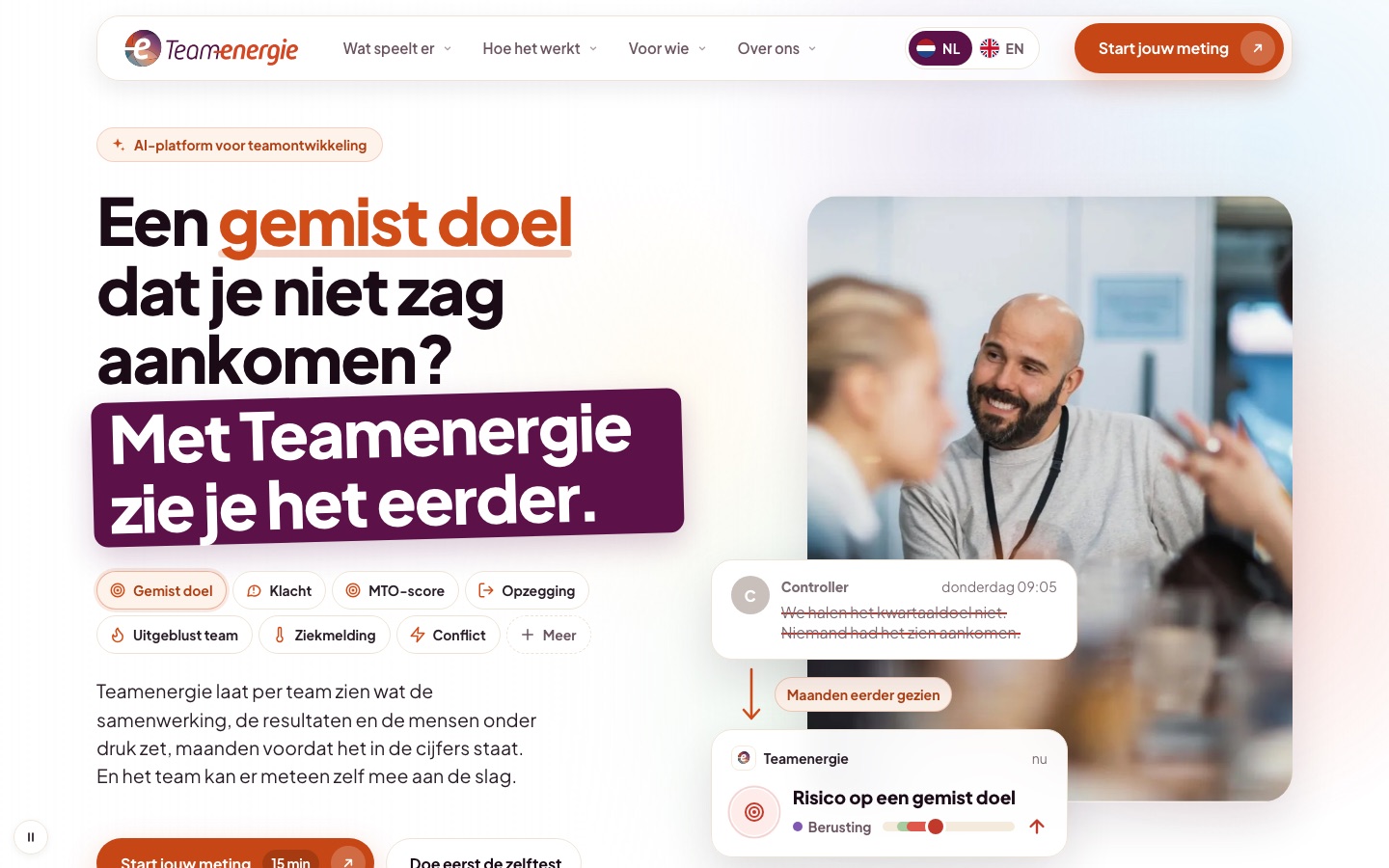 De bovenkant van de nieuwe homepage van Teamenergie, met de kop Een gemist doel dat je niet zag aankomen?