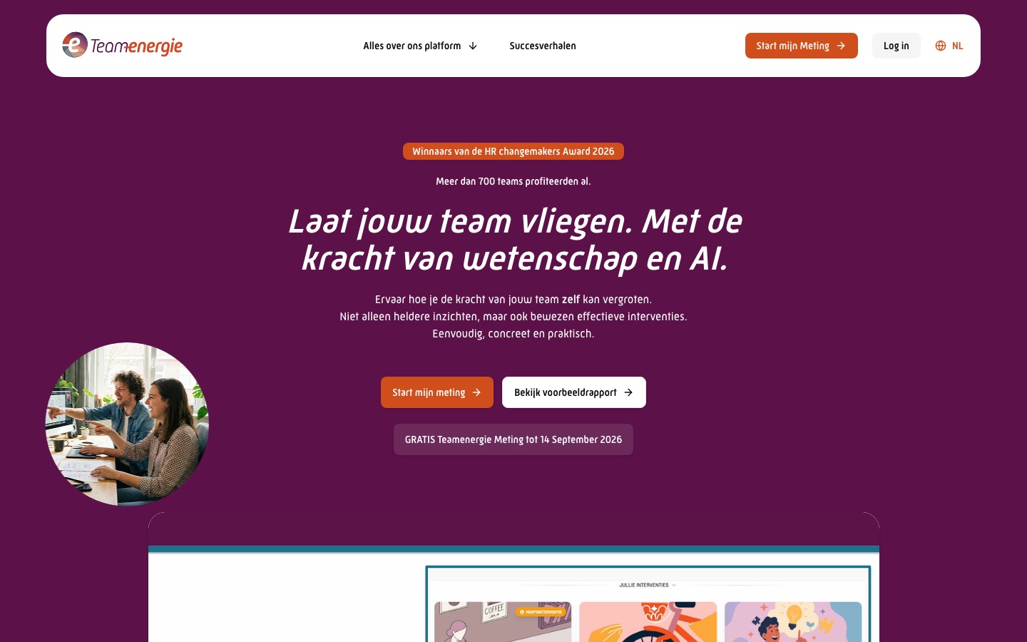 De bovenkant van de oude homepage van Teamenergie, met de kop Laat jouw team vliegen. Met de kracht van wetenschap en AI.